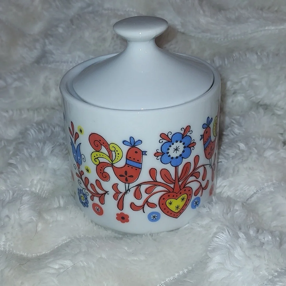 Nevco Japan Vintage Orange And Blue Retro Floral Bird 3 Piece Coffee Ceramic Set